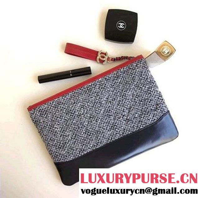 Chanel Felt & Calfskin Gabrielle Pouch Clutch Samll/Large Bag Dark Grey 2017 (1a086-7092051 )