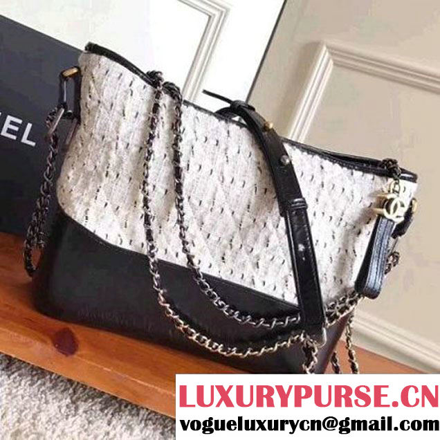 Chanel Tweed/Calfskin Gabrielle Medium Hobo Bag A93824 White/Black 2017 (KN-7101006 )