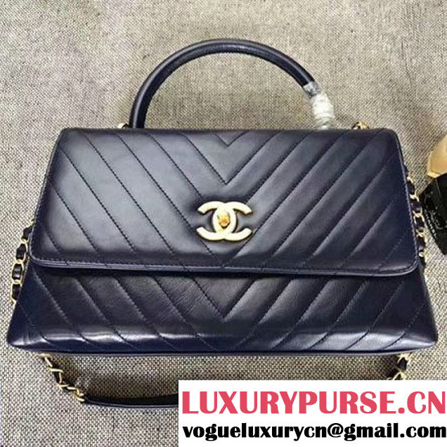 Chanel Chevron Coco Top Handle Medium Flap Bag Navy Blue (MK-7101421 )