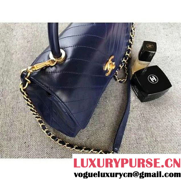 Chanel Chevron Coco Top Handle Medium Flap Bag Navy Blue (MK-7101421 )