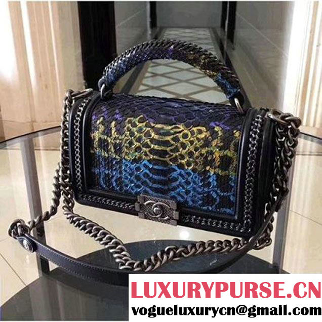 Chanel Python Leather Medium Boy Handbag With Chain and Top Handle Black 2017 (2a020-7101158 )