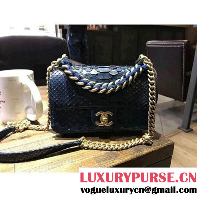 Chanel Python Leather Small Flap Bag with Chain Deep Blue 2017 (SB-7101851 )