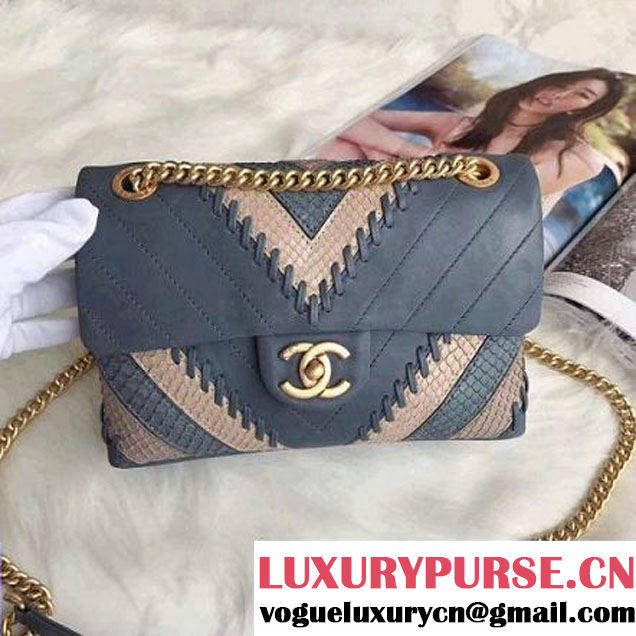 Chanel Iridescent Calfskin/Python Patchwork Chevron Small Flap Bag A93682 Grey 2017 (2a193-7101159 )