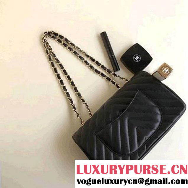 Chanel Calfskin Chevron Statement Medium Flap Bag A91588 Black 2017 (1A111-7091311 )