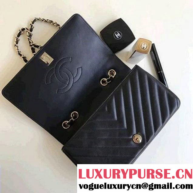 Chanel Calfskin Chevron Statement Medium Flap Bag A91588 Black 2017 (1A111-7091311 )