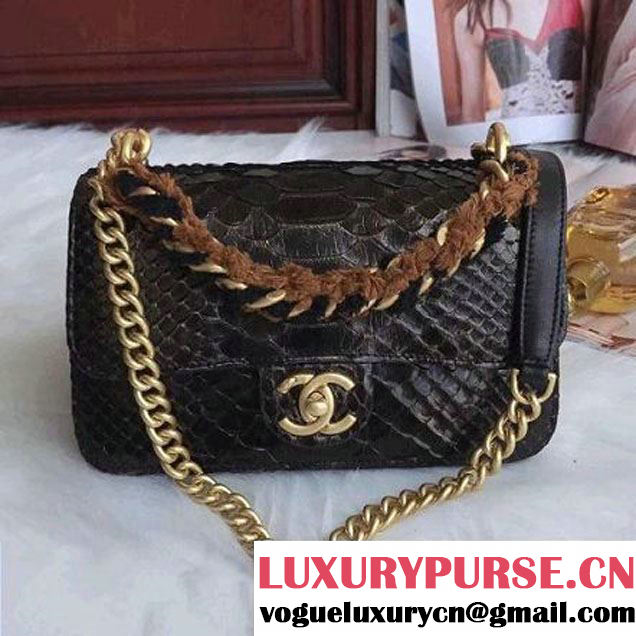 Chanel Python/Lambskin Mini Flap Bag with Chain/Tweed Handle A91863 Black 2017 (AV-7091306 )