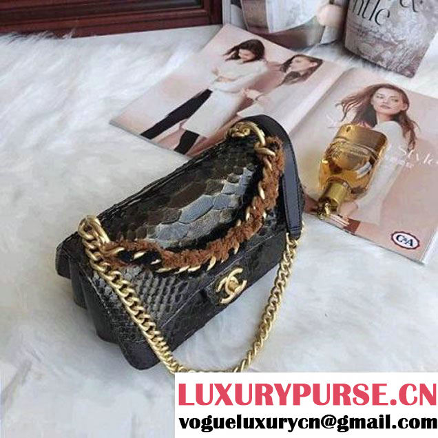 Chanel Python/Lambskin Mini Flap Bag with Chain/Tweed Handle A91863 Black 2017 (AV-7091306 )