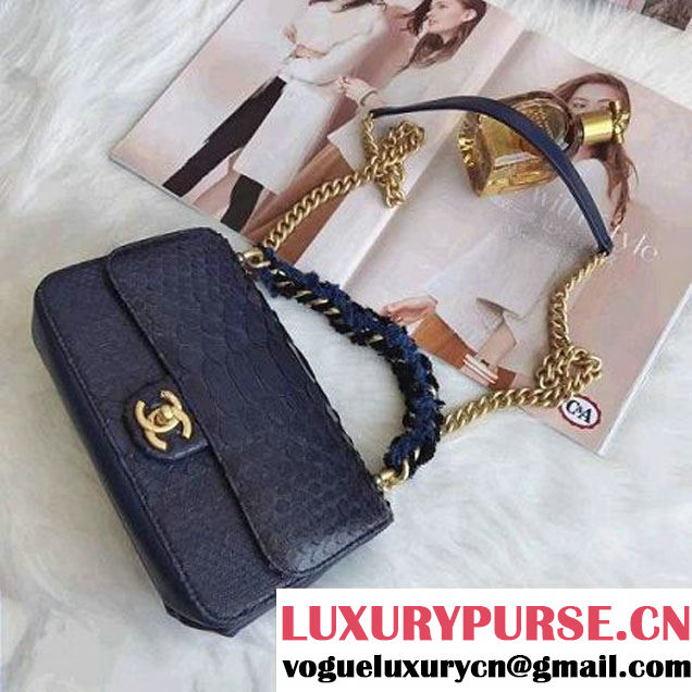 Chanel Python/Lambskin Small Flap Bag with Chain/Tweed Handle Blue 2017 (AV-7091304 )