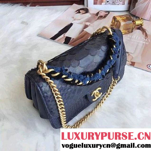 Chanel Python/Lambskin Small Flap Bag with Chain/Tweed Handle Blue 2017 (AV-7091304 )