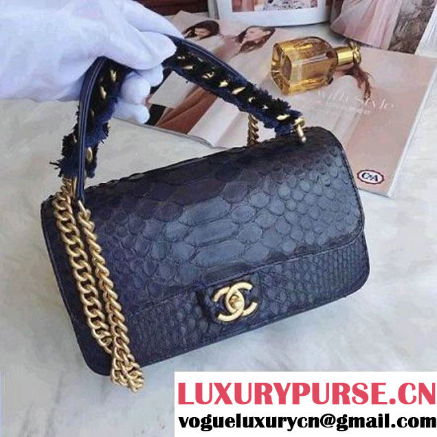 Chanel Python/Lambskin Small Flap Bag with Chain/Tweed Handle Blue 2017 (AV-7091304 )