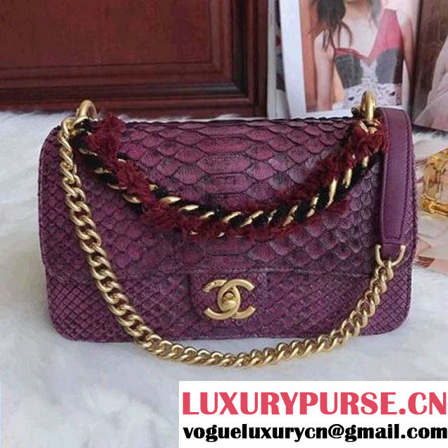 Chanel Python/Lambskin Small Flap Bag with Chain/Tweed Handle Fuchsia 2017 (AV-7091303 )