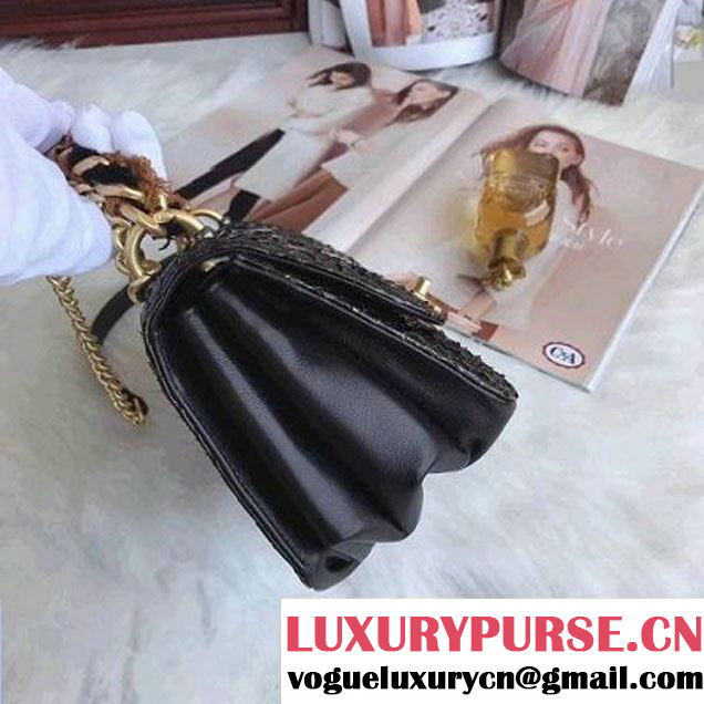 Chanel Python/Lambskin Small Flap Bag with Chain/Tweed Handle Black 2017 (AV-7091302 )