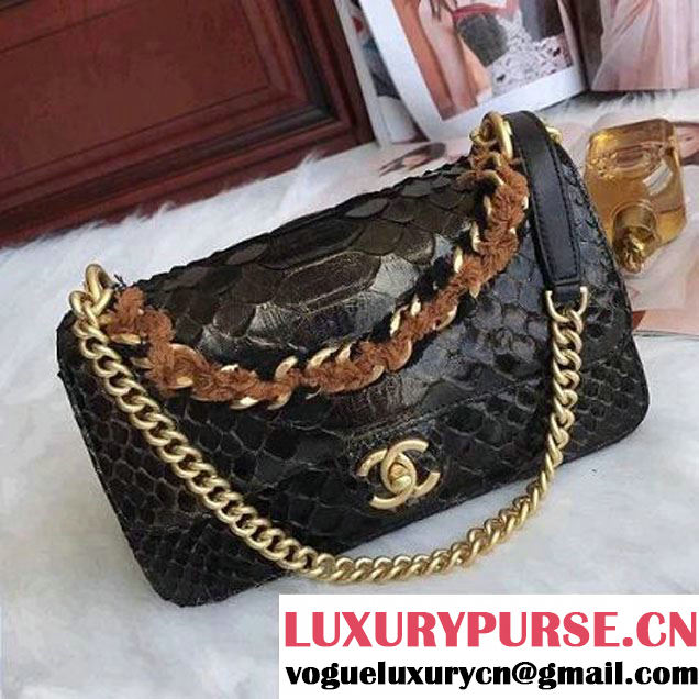 Chanel Python/Lambskin Small Flap Bag with Chain/Tweed Handle Black 2017 (AV-7091302 )