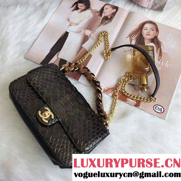 Chanel Python/Lambskin Small Flap Bag with Chain/Tweed Handle Black 2017 (AV-7091302 )