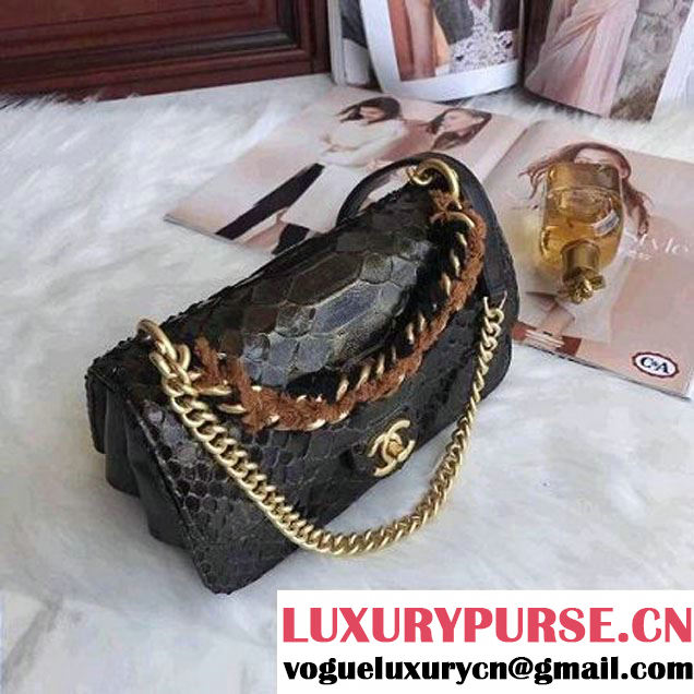 Chanel Python/Lambskin Small Flap Bag with Chain/Tweed Handle Black 2017 (AV-7091302 )