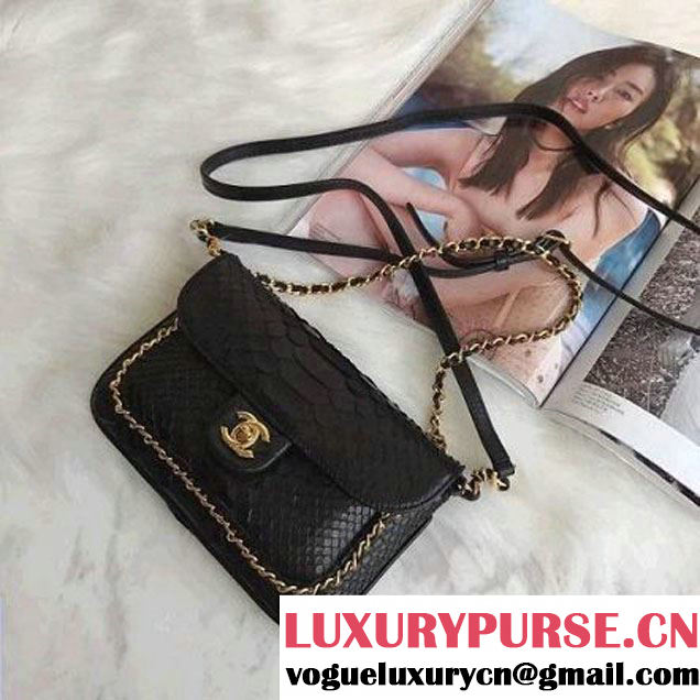 Chanel Python Leather CC Unchained Flap Bag A91802 Black 2017 (AV-7091301 )