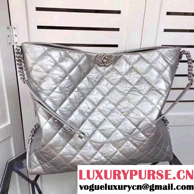 Chanel Big Bang Metallic Crumpled Calfskin Large Hobo Bag A91977 Silver 2017 (2A043-7102625 )