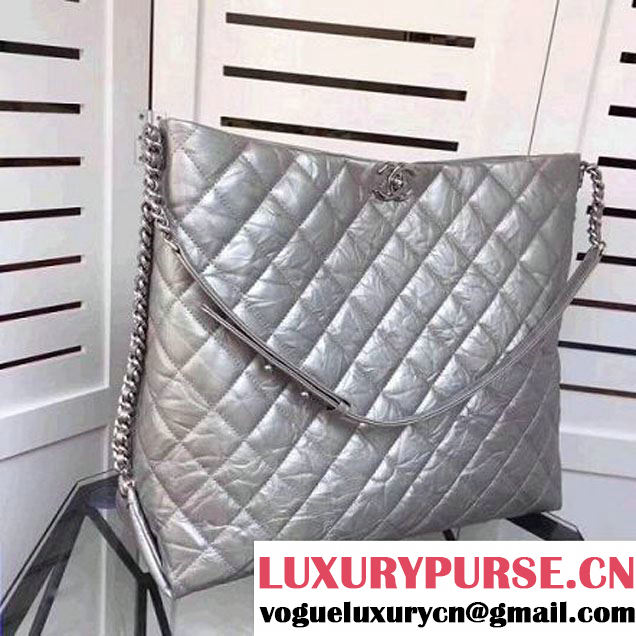 Chanel Big Bang Metallic Crumpled Calfskin Large Hobo Bag A91977 Silver 2017 (2A043-7102625 )
