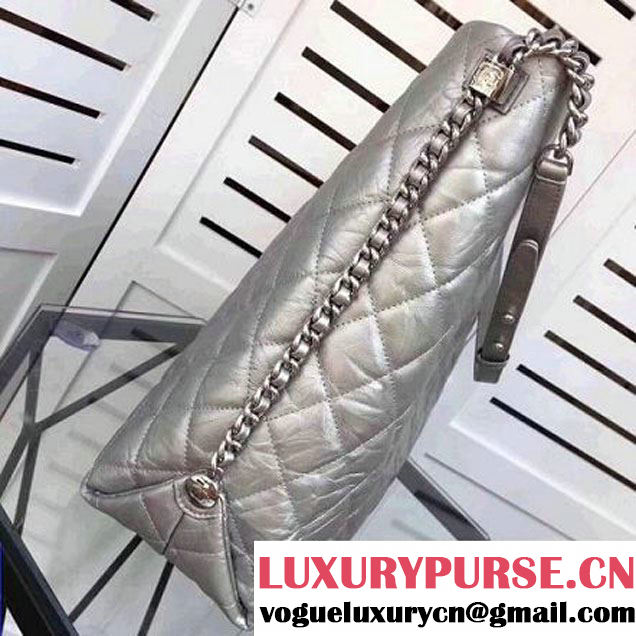 Chanel Big Bang Metallic Crumpled Calfskin Large Hobo Bag A91977 Silver 2017 (2A043-7102625 )