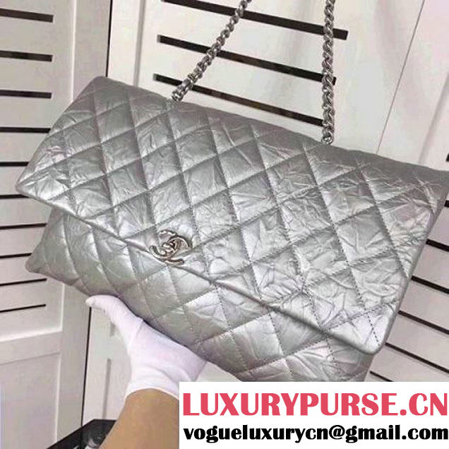 Chanel Metallic Crumpled Calfskin Large Flap Bag A91975 Silver 2017 (2A043-7102627 )