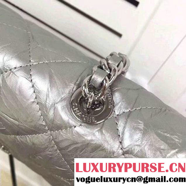Chanel Metallic Crumpled Calfskin Large Flap Bag A91975 Silver 2017 (2A043-7102627 )