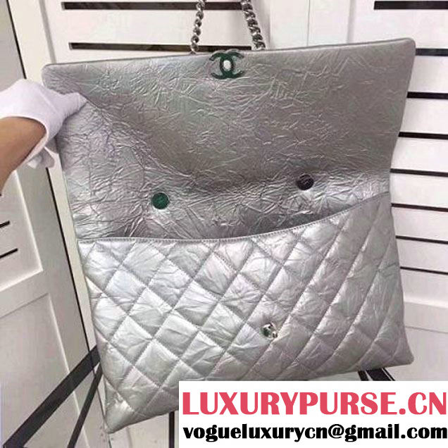 Chanel Metallic Crumpled Calfskin Large Flap Bag A91975 Silver 2017 (2A043-7102627 )