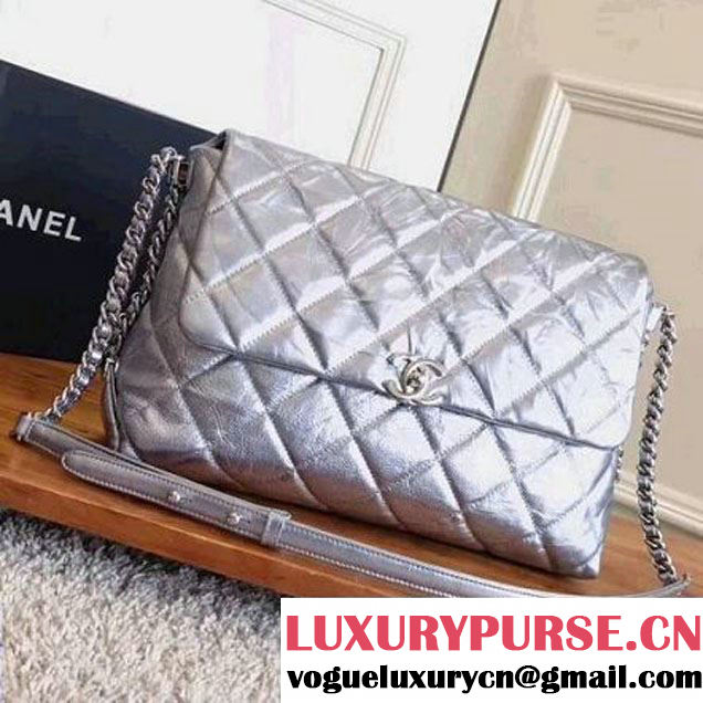 Chanel Big Bang Metallic Crumpled Calfskin Flap Bag A91976 Silver 2017 (2A043-7102623 )