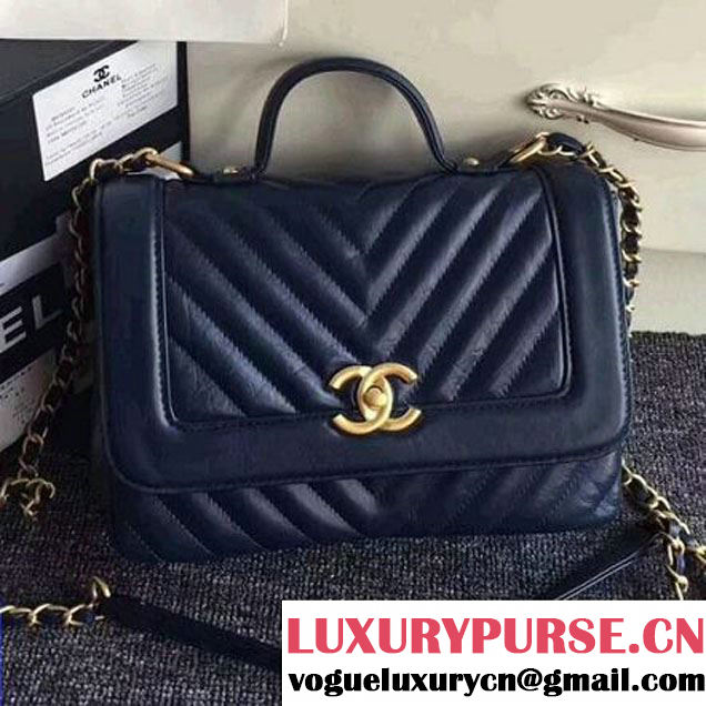 Chanel Crackled Chevron Calfskin Flap Bag With Top Handle A57213 Navy Blue 2017 (ZMD-7102619 )