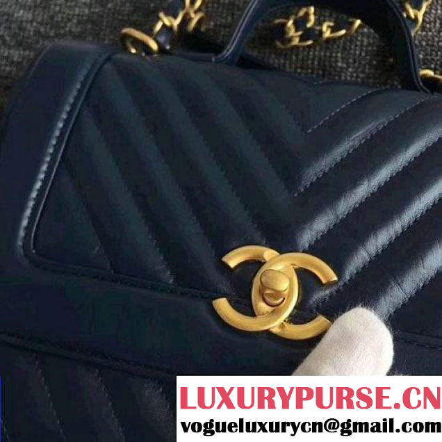 Chanel Crackled Chevron Calfskin Flap Bag With Top Handle A57213 Navy Blue 2017 (ZMD-7102619 )