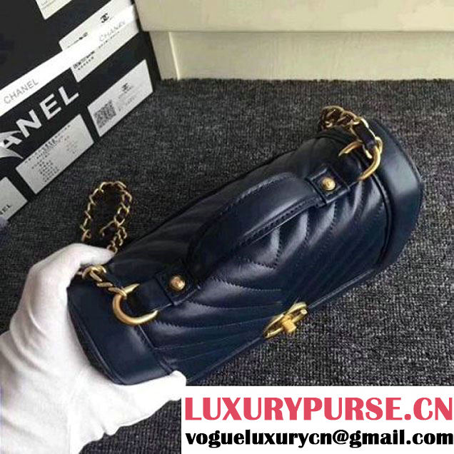 Chanel Crackled Chevron Calfskin Flap Bag With Top Handle A57213 Navy Blue 2017 (ZMD-7102619 )