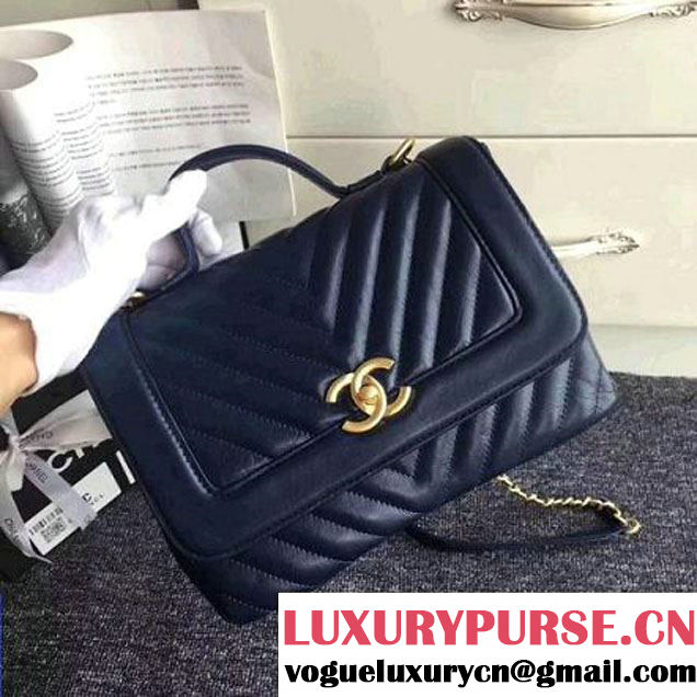 Chanel Crackled Chevron Calfskin Flap Bag With Top Handle A57213 Navy Blue 2017 (ZMD-7102619 )