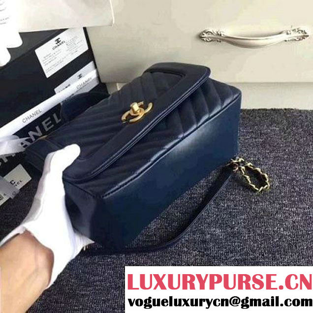 Chanel Crackled Chevron Calfskin Flap Bag With Top Handle A57213 Navy Blue 2017 (ZMD-7102619 )