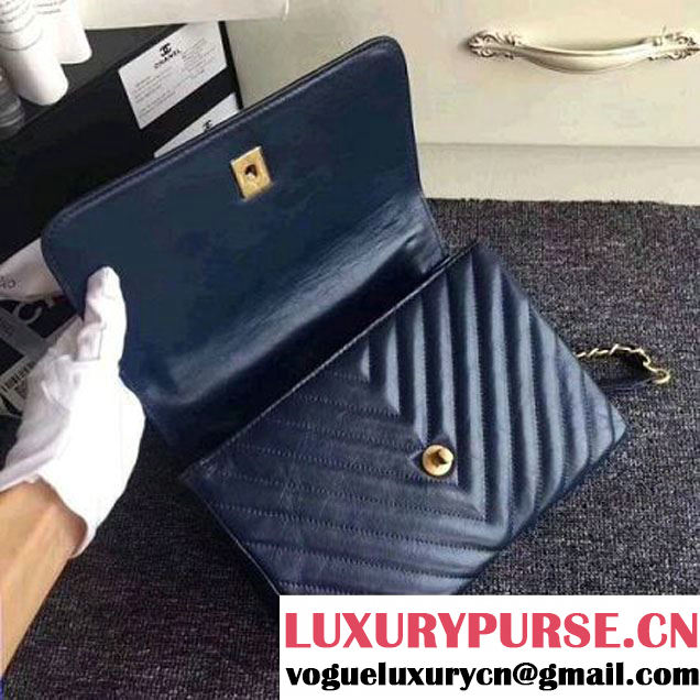 Chanel Crackled Chevron Calfskin Flap Bag With Top Handle A57213 Navy Blue 2017 (ZMD-7102619 )