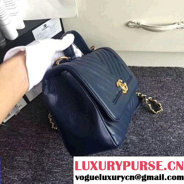 Chanel Crackled Chevron Calfskin Flap Bag With Top Handle A57213 Navy Blue 2017 (ZMD-7102619 )