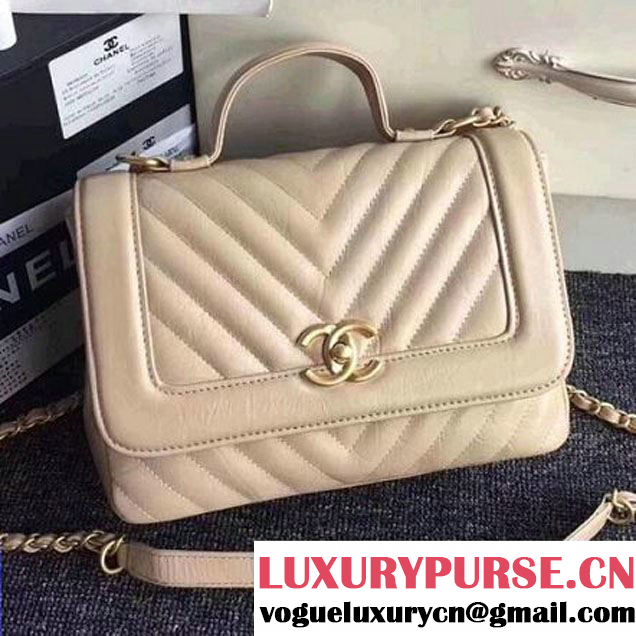 Chanel Crackled Chevron Calfskin Flap Bag With Top Handle A57213 Beige 2017 (ZMD-7102618 )