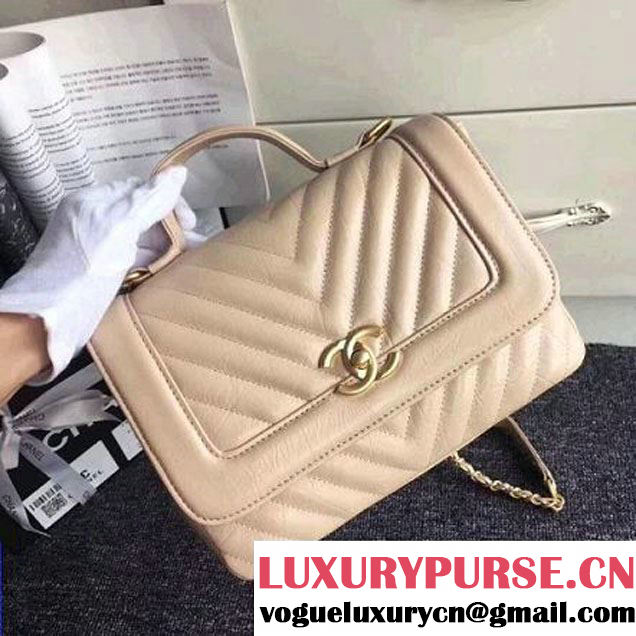 Chanel Crackled Chevron Calfskin Flap Bag With Top Handle A57213 Beige 2017 (ZMD-7102618 )