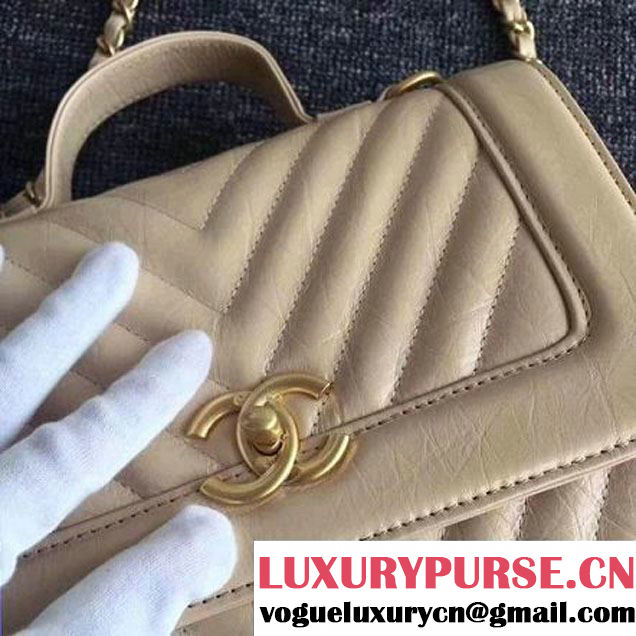 Chanel Crackled Chevron Calfskin Flap Bag With Top Handle A57213 Beige 2017 (ZMD-7102618 )