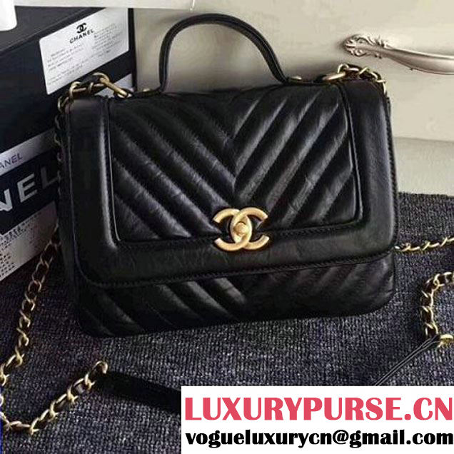 Chanel Crackled Chevron Calfskin Flap Bag With Top Handle A57213 Black 2017 (ZMD-7102617 )