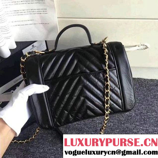 Chanel Crackled Chevron Calfskin Flap Bag With Top Handle A57213 Black 2017 (ZMD-7102617 )