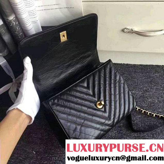 Chanel Crackled Chevron Calfskin Flap Bag With Top Handle A57213 Black 2017 (ZMD-7102617 )