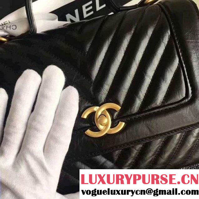 Chanel Crackled Chevron Calfskin Flap Bag With Top Handle A57213 Black 2017 (ZMD-7102617 )