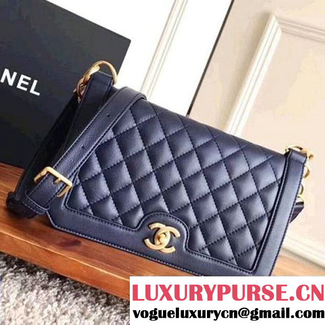 Chanel Gold Tone Metal Calfskin Medium Flap Bag A91577 Navy Blue 2017 (KN-7102607 )