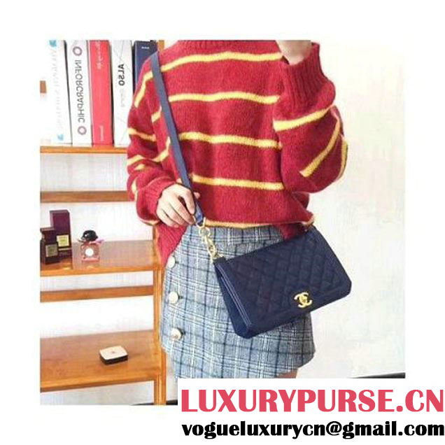 Chanel Gold Tone Metal Calfskin Medium Flap Bag A91577 Navy Blue 2017 (KN-7102607 )