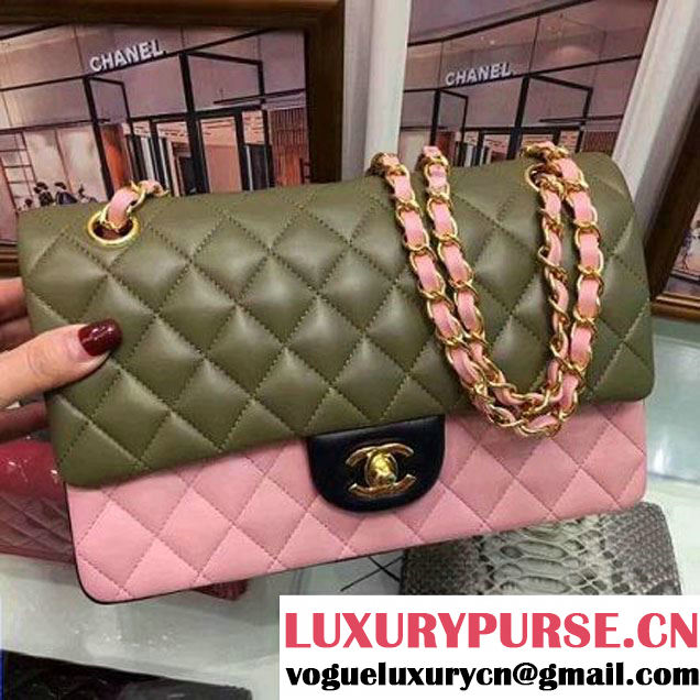 Chanel Multicolor Lambskin Medium Classic Double Flap Bag Green/Pink/Black (AV-7112201 )