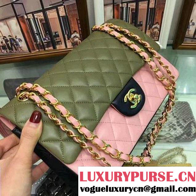 Chanel Multicolor Lambskin Medium Classic Double Flap Bag Green/Pink/Black (AV-7112201 )