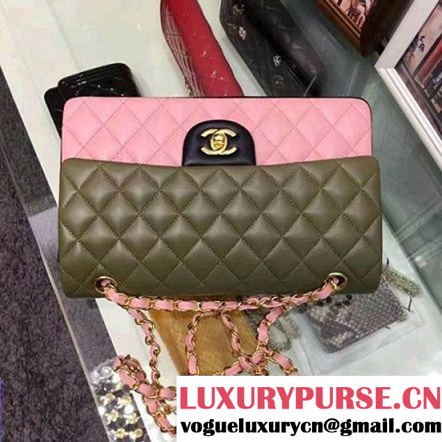 Chanel Multicolor Lambskin Medium Classic Double Flap Bag Green/Pink/Black (AV-7112201 )