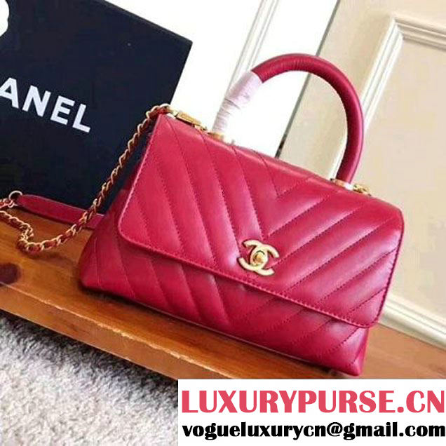 Chanel Shiny Chevron Calfskin Coco Handle Mini Bag Indian Red 2017 (KN-7111136 )