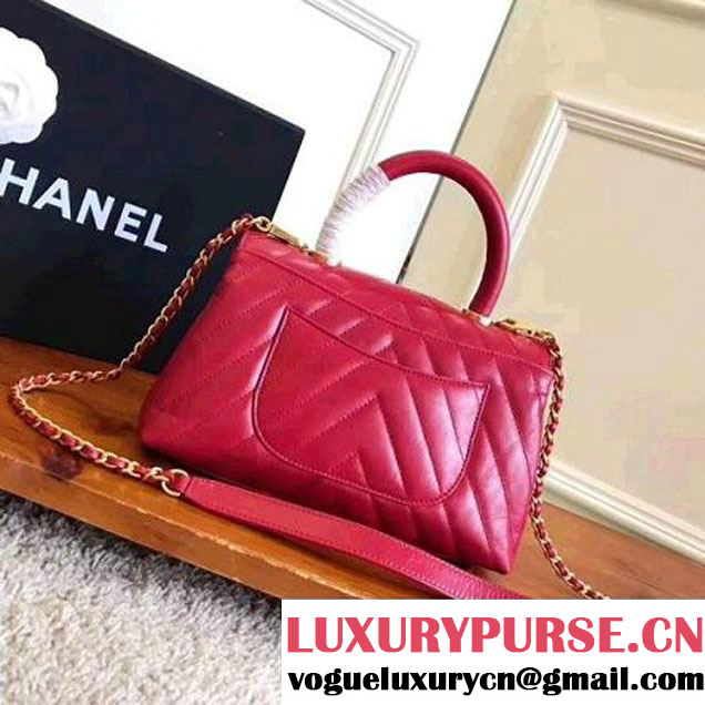 Chanel Shiny Chevron Calfskin Coco Handle Mini Bag Indian Red 2017 (KN-7111136 )