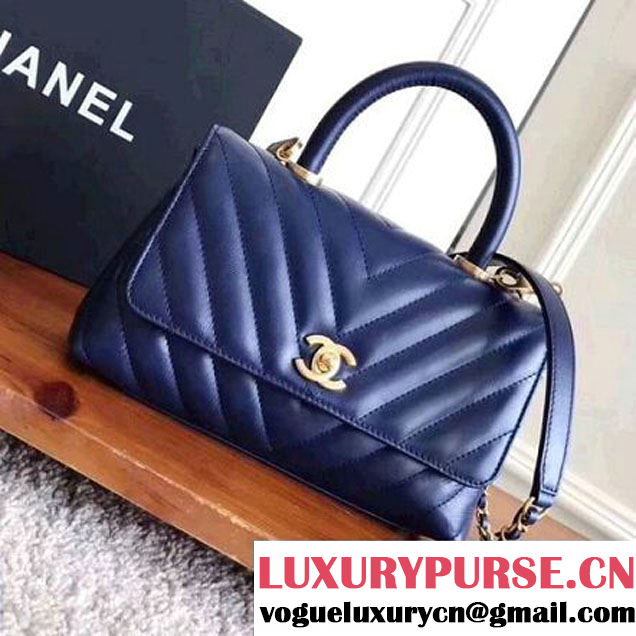 Chanel Shiny Chevron Calfskin Coco Handle Mini Bag Blue 2017 (KN-7111135 )