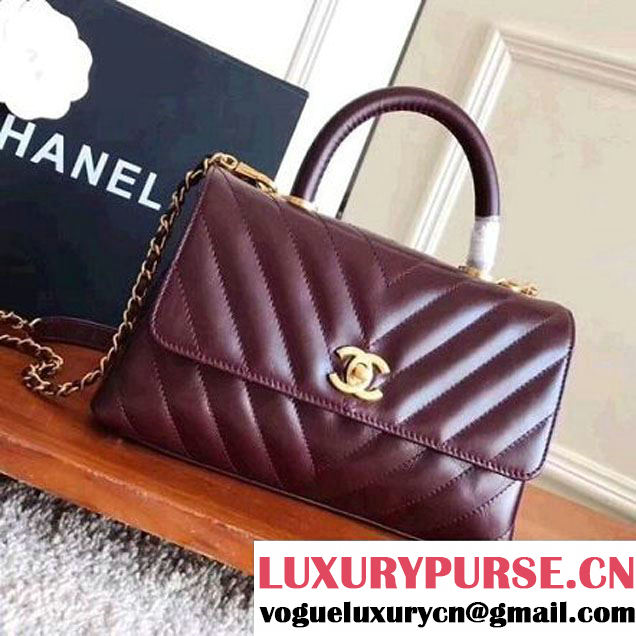 Chanel Shiny Chevron Calfskin Coco Handle Mini Bag Burgundy 2017 (KN-7111133 )